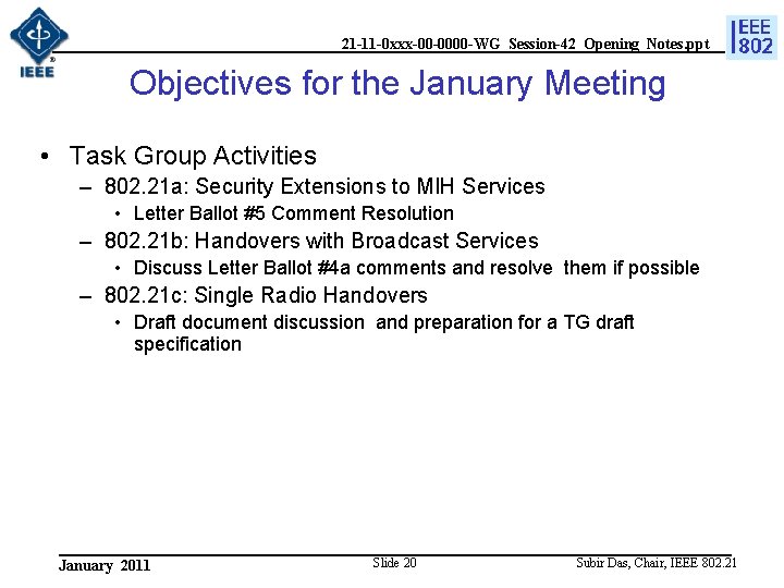 21 -11 -0 xxx-00 -0000 -WG_Session-42_Opening_Notes. ppt Objectives for the January Meeting • Task