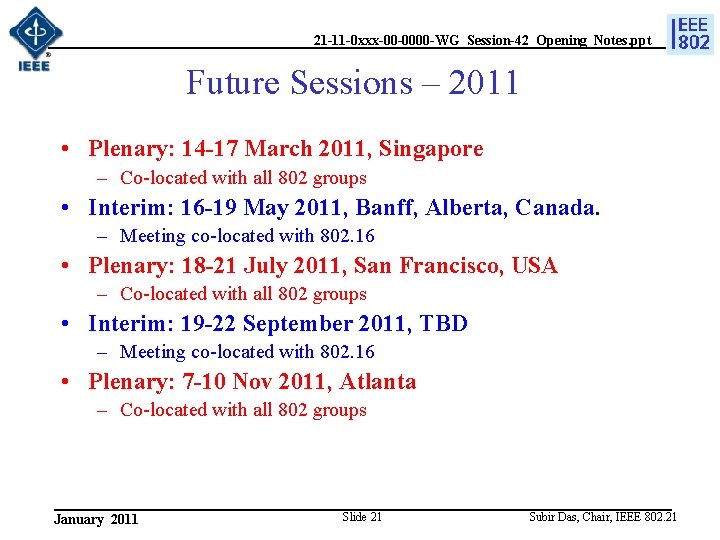 21 -11 -0 xxx-00 -0000 -WG_Session-42_Opening_Notes. ppt Future Sessions – 2011 • Plenary: 14