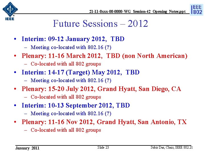 21 -11 -0 xxx-00 -0000 -WG_Session-42_Opening_Notes. ppt Future Sessions – 2012 • Interim: 09