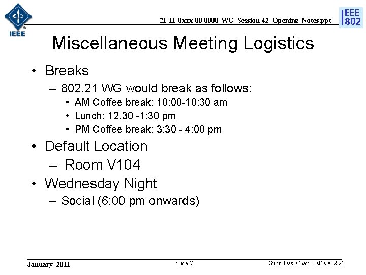 21 -11 -0 xxx-00 -0000 -WG_Session-42_Opening_Notes. ppt Miscellaneous Meeting Logistics • Breaks – 802.