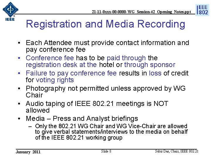 21 -11 -0 xxx-00 -0000 -WG_Session-42_Opening_Notes. ppt Registration and Media Recording • Each Attendee