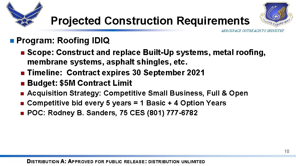 Projected Construction Requirements AEROSPACE OUTREACH TO INDUSTRY n Program: Roofing IDIQ Scope: Construct and