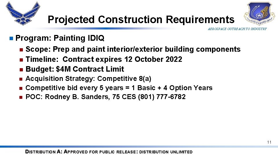 Projected Construction Requirements AEROSPACE OUTREACH TO INDUSTRY n Program: Painting IDIQ Scope: Prep and