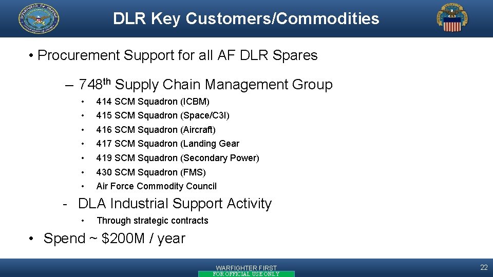 DLR Key Customers/Commodities • Procurement Support for all AF DLR Spares – 748 th