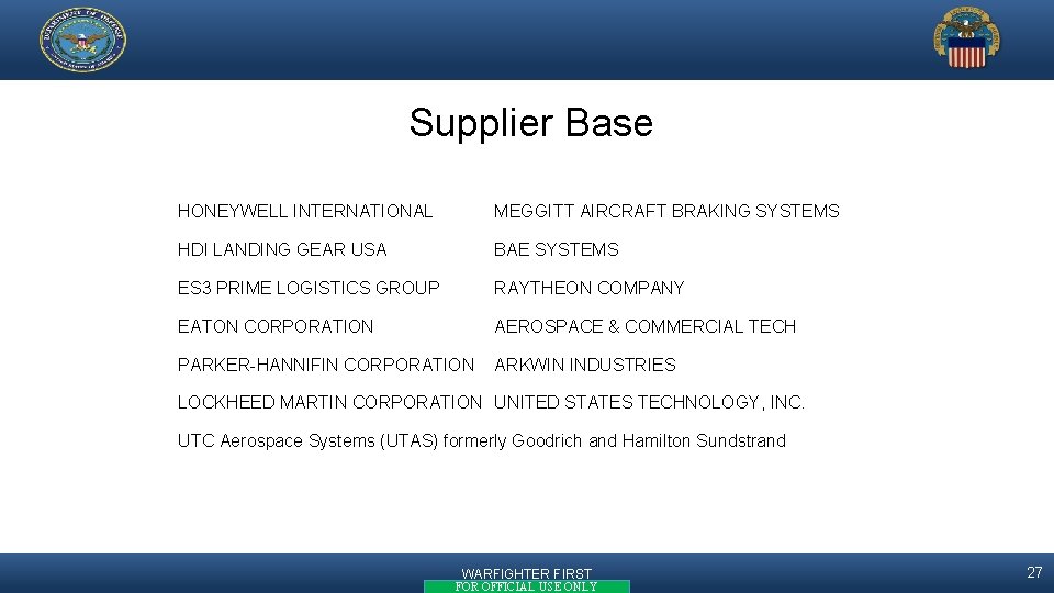  Supplier Base HONEYWELL INTERNATIONAL MEGGITT AIRCRAFT BRAKING SYSTEMS HDI LANDING GEAR USA BAE