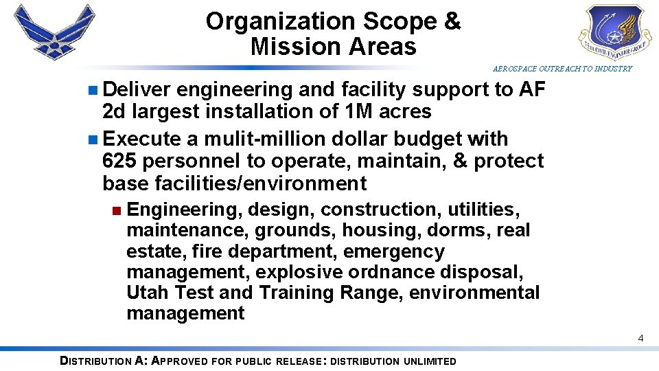 Organization Scope & Mission Areas AEROSPACE OUTREACH TO INDUSTRY n Deliver engineering and facility