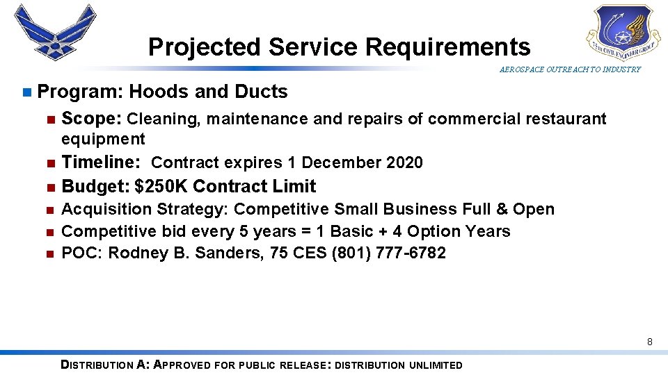 Projected Service Requirements AEROSPACE OUTREACH TO INDUSTRY n Program: Hoods and Ducts n Scope: