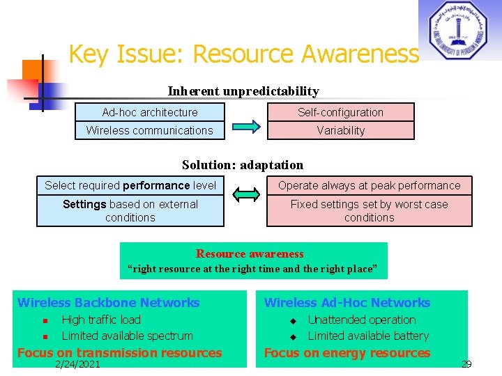 Key Issue: Resource Awareness Inherent unpredictability Ad-hoc architecture Self-configuration Wireless communications Variability Solution: adaptation