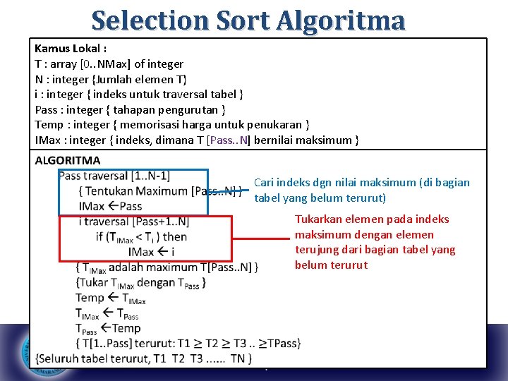 Selection Sort Algoritma Kamus Lokal : T : array [0. . NMax] of integer