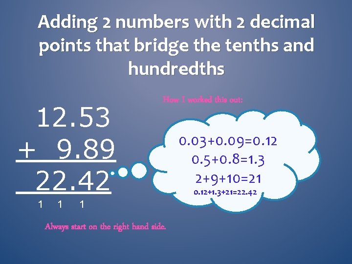 Adding 2 numbers with 2 decimal points that bridge the tenths and hundredths 12.