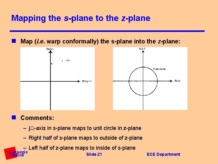 Mapping the s-plane to the z-plane n Map (i. e. warp conformally) the s-plane