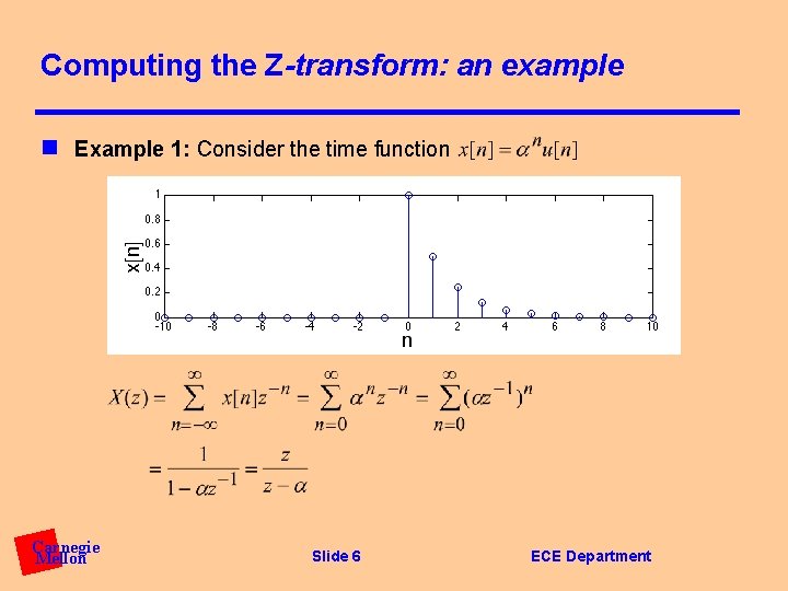 Computing the Z-transform: an example n Example 1: Consider the time function Carnegie Mellon