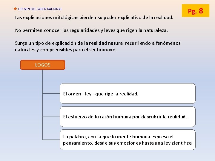 ORIGEN DEL SABER RACIONAL Las explicaciones mitológicas pierden su poder explicativo de la realidad. ORIGEN DEL SABER RACIONAL Las explicaciones mitológicas pierden su poder explicativo de la realidad.