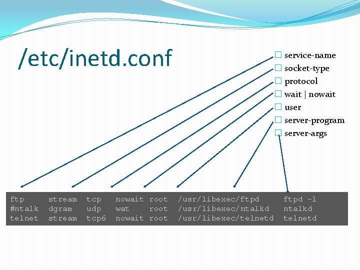 /etc/inetd. conf ftp #ntalk telnet stream dgram stream tcp udp tcp 6 nowait root