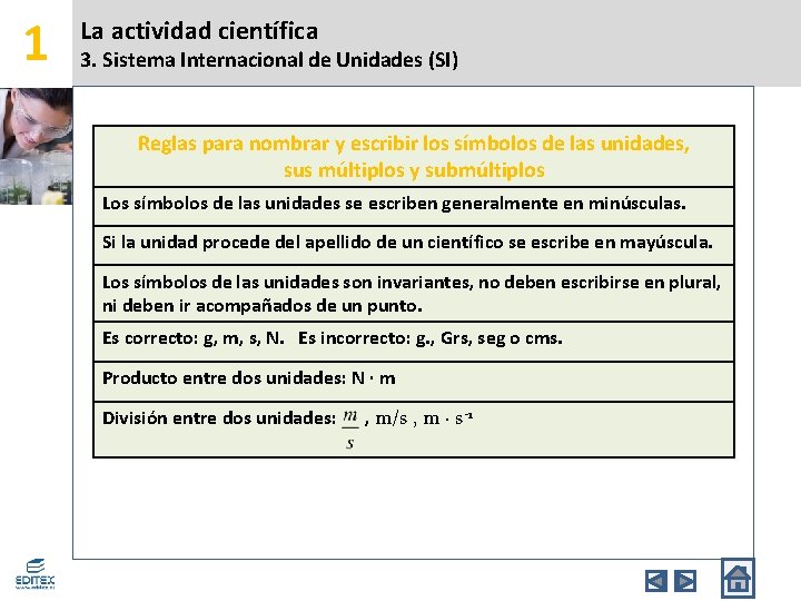 1 La actividad científica 3. Sistema Internacional de Unidades (SI) Reglas para nombrar y