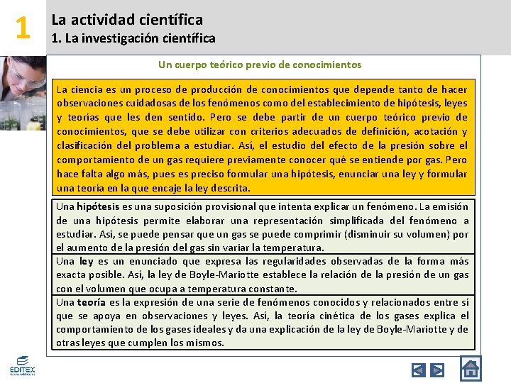 1 La actividad científica 1. La investigación científica Un cuerpo teórico previo de conocimientos