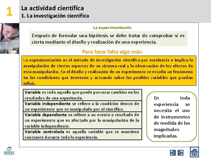 1 La actividad científica 1. La investigación científica La experimentación Después de formular una