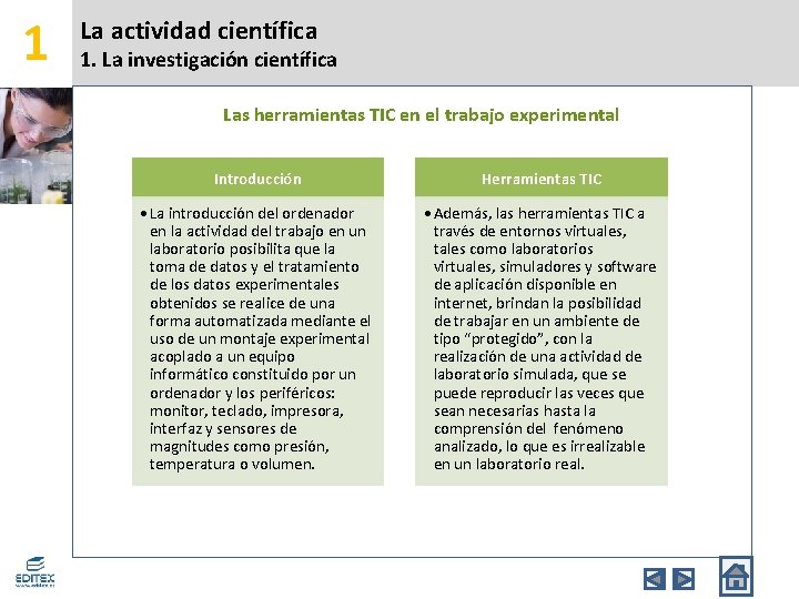 1 La actividad científica 1. La investigación científica Las herramientas TIC en el trabajo