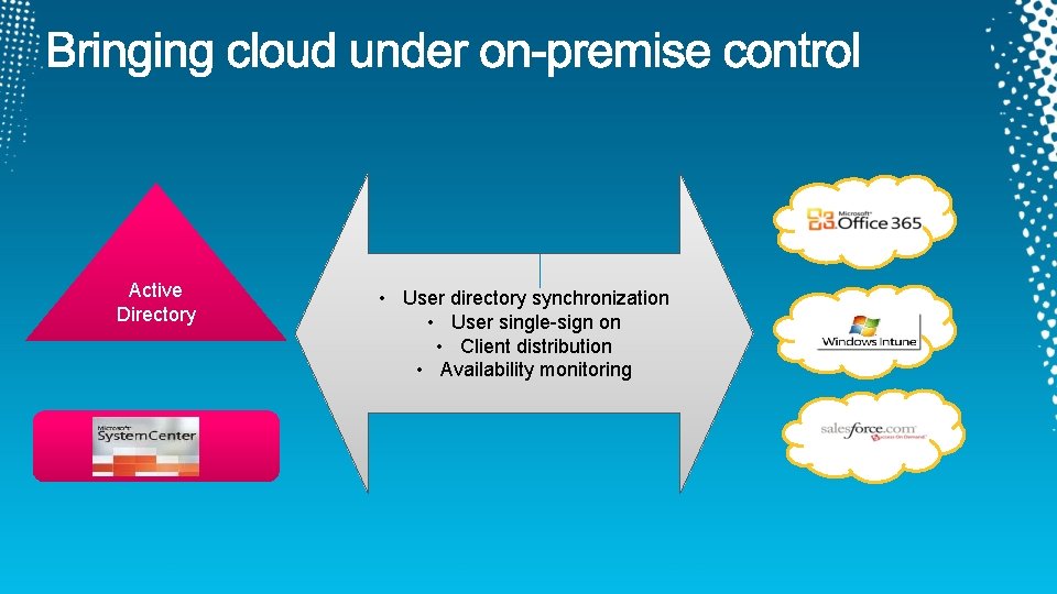 Active Directory • User directory synchronization • User single-sign on • Client distribution •