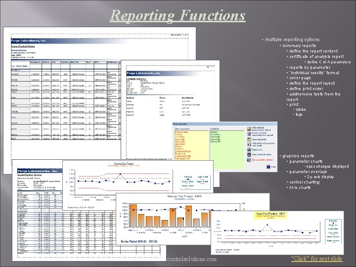Reporting Functions • multiple reporting options • summary reports • define the report content