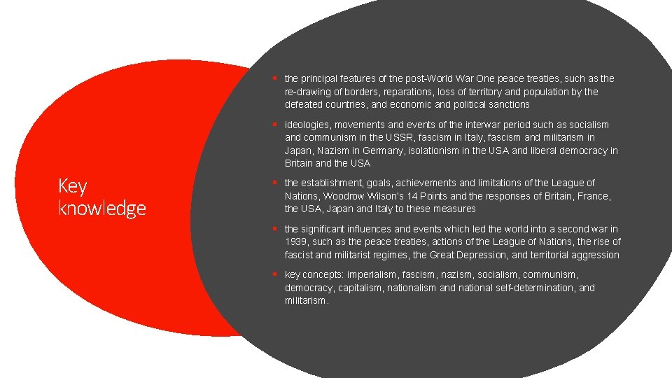 § the principal features of the post-World War One peace treaties, such as the