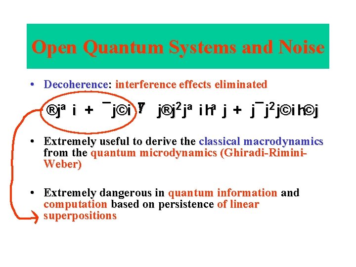 Open Quantum Systems and Noise • Decoherence: interference effects eliminated ! j®j 2 jª