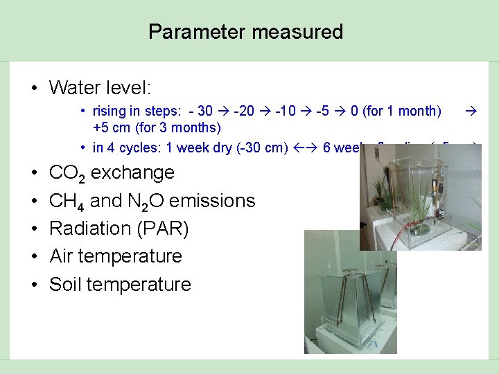 Parameter measured • Water level: • rising in steps: - 30 -20 -10 -5