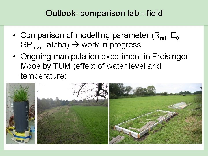 Outlook: comparison lab - field • Comparison of modelling parameter (Rref, E 0, GPmax,