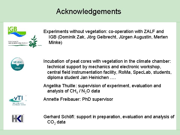 Acknowledgements Experiments without vegetation: co-operation with ZALF and IGB (Dominik Zak, Jörg Gelbrecht, Jürgen