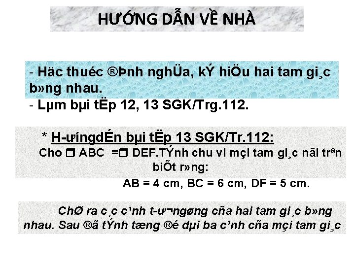 HƯỚNG DẪN VỀ NHÀ - Häc thuéc ®Þnh nghÜa, kÝ hiÖu hai tam gi¸c