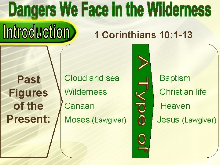 1 Corinthians 10: 1 -13 Past Figures of the Present: Cloud and sea Baptism 1 Corinthians 10: 1 -13 Past Figures of the Present: Cloud and sea Baptism