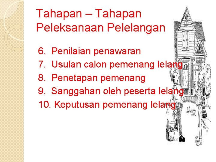 Tahapan – Tahapan Peleksanaan Pelelangan 6. Penilaian penawaran 7. Usulan calon pemenang lelang 8.