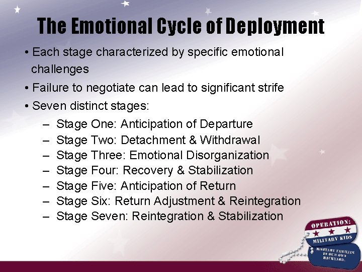 The Emotional Cycle of Deployment • Each stage characterized by specific emotional challenges •