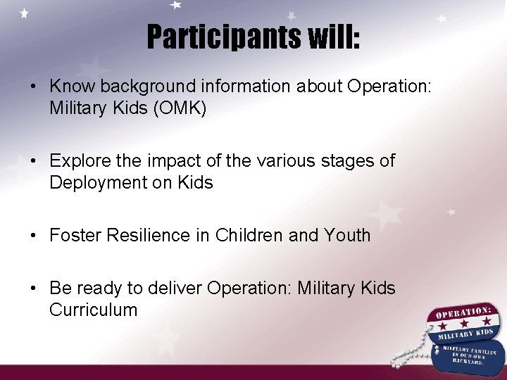 Participants will: • Know background information about Operation: Military Kids (OMK) • Explore the