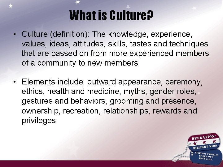 What is Culture? • Culture (definition): The knowledge, experience, values, ideas, attitudes, skills, tastes