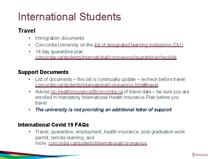 International Students Travel • • • Immigration documents Concordia University on the list of