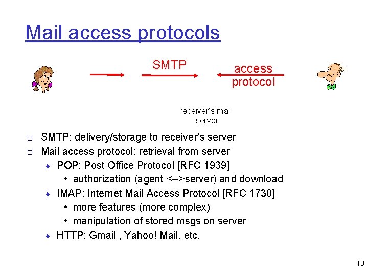 Mail access protocols SMTP access protocol receiver’s mail server □ SMTP: delivery/storage to receiver’s