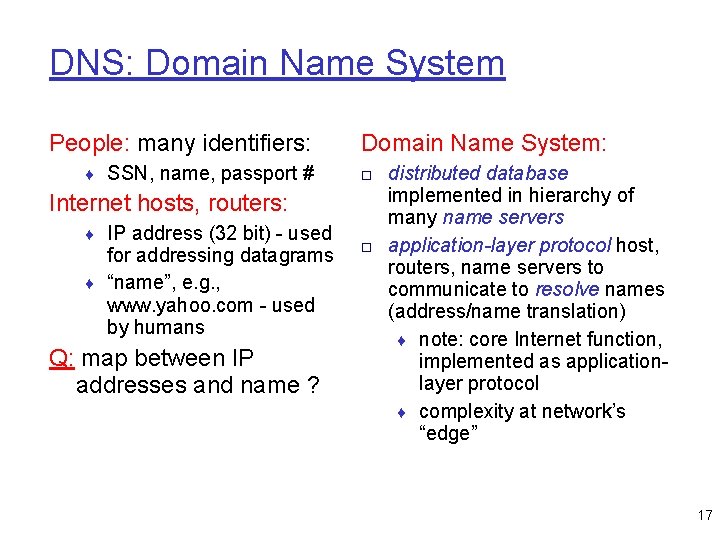 DNS: Domain Name System People: many identifiers: ♦ SSN, name, passport # Internet hosts,