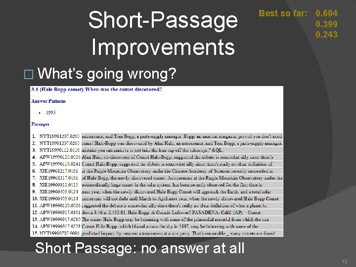 Short-Passage Improvements � What’s Best so far: 0. 604 0. 399 0. 243 going