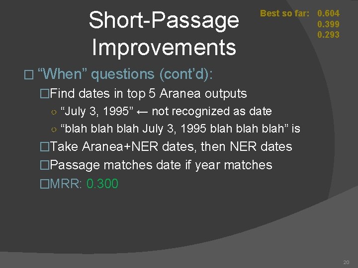 Short-Passage Improvements � “When” Best so far: 0. 604 0. 399 0. 293 questions