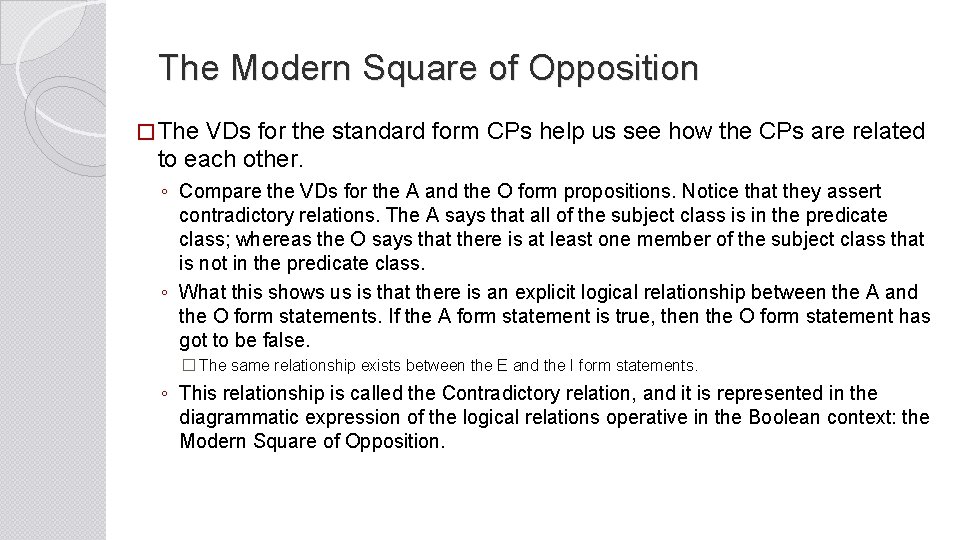 The Modern Square of Opposition � The VDs for the standard form CPs help