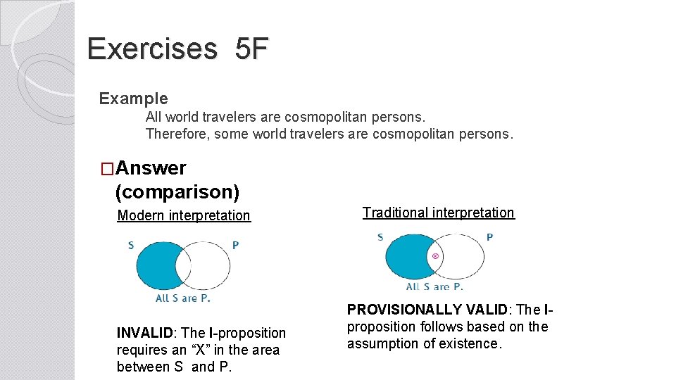 Exercises 5 F Example All world travelers are cosmopolitan persons. Therefore, some world travelers