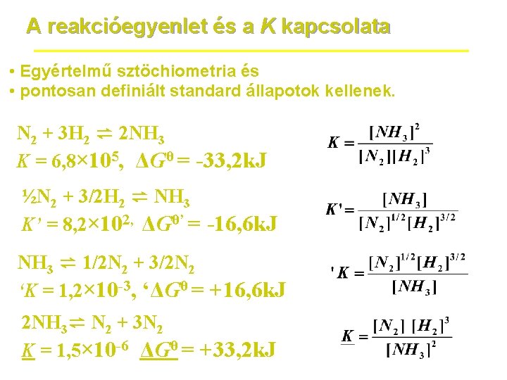A reakcióegyenlet és a K kapcsolata • Egyértelmű sztöchiometria és • pontosan definiált standard