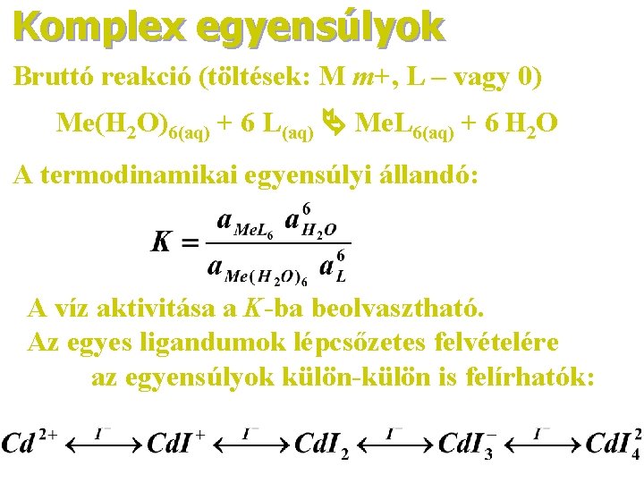 Komplex egyensúlyok Bruttó reakció (töltések: M m+, L – vagy 0) Me(H 2 O)6(aq)