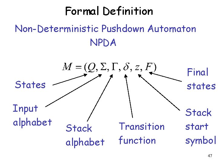 Formal Definition Non-Deterministic Pushdown Automaton NPDA Final states States Input alphabet Stack alphabet Transition
