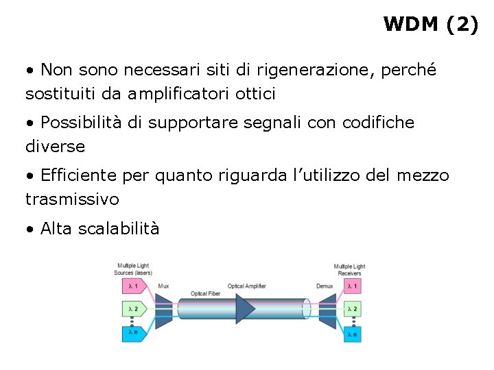 WDM (2) • Non sono necessari siti di rigenerazione, perché sostituiti da amplificatori ottici