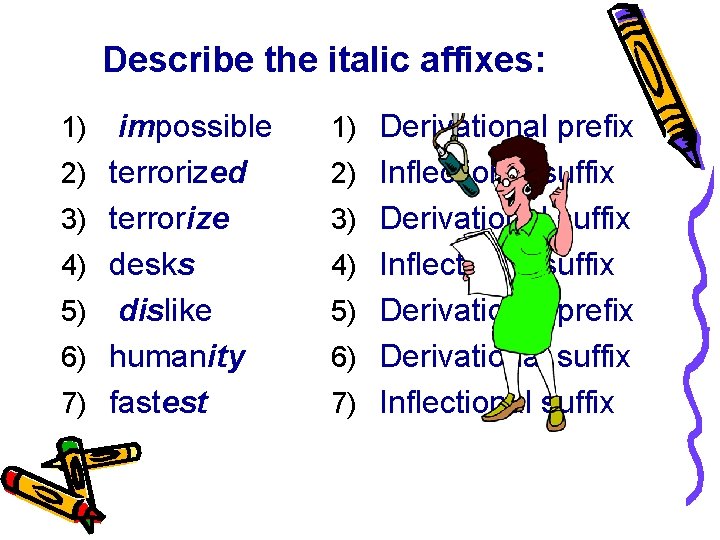 Describe the italic affixes: 1) 2) 3) 4) 5) 6) 7) impossible terrorized terrorize