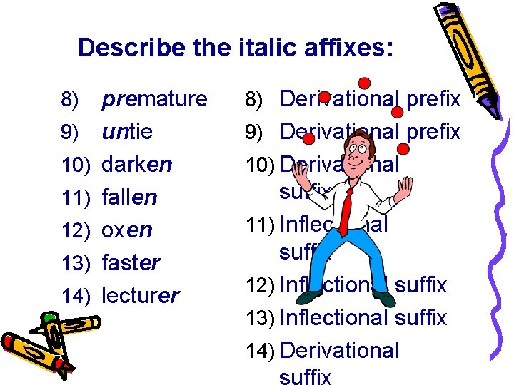 Describe the italic affixes: 8) 9) 10) 11) 12) 13) 14) premature untie darken