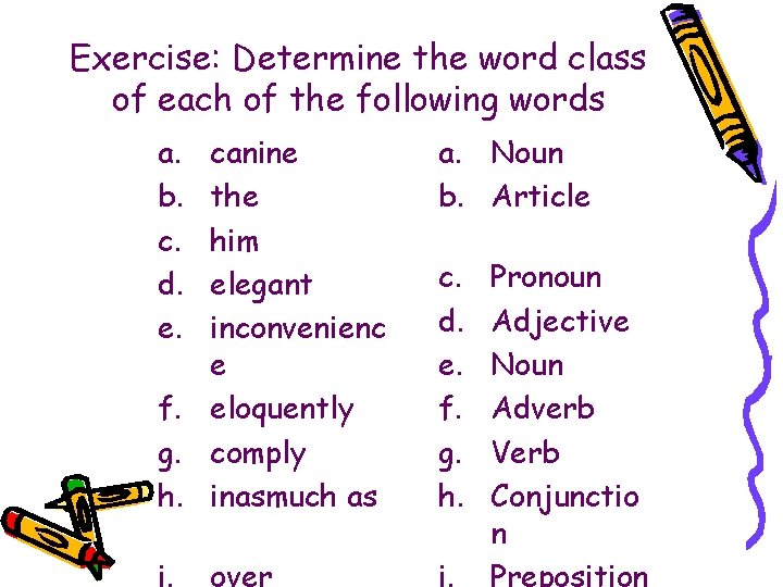 Exercise: Determine the word class of each of the following words a. b. c.