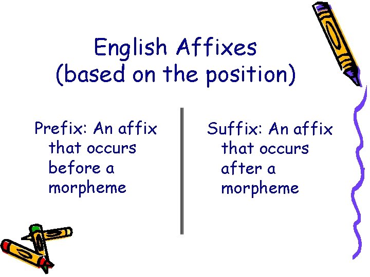 English Affixes (based on the position) Prefix: An affix that occurs before a morpheme
